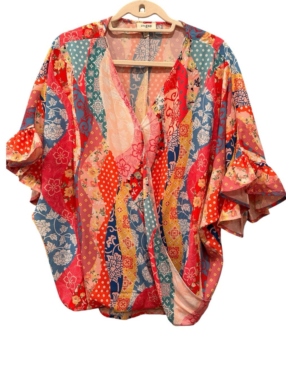 Umgee Patchwork Print V Neck Ruffled Sleeves Draped Front Boho Colorful Sz Large